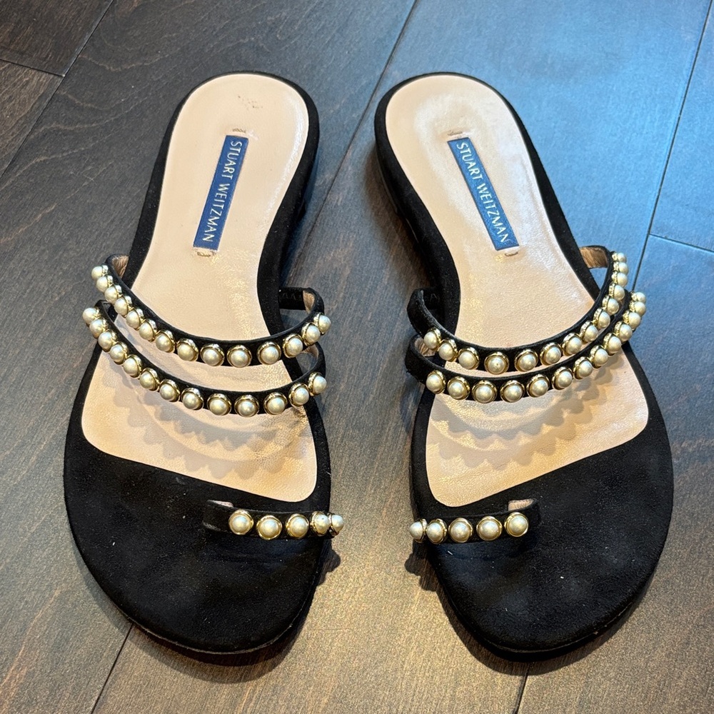 Stuart Weitzman Black Sandals with Pearl Accents